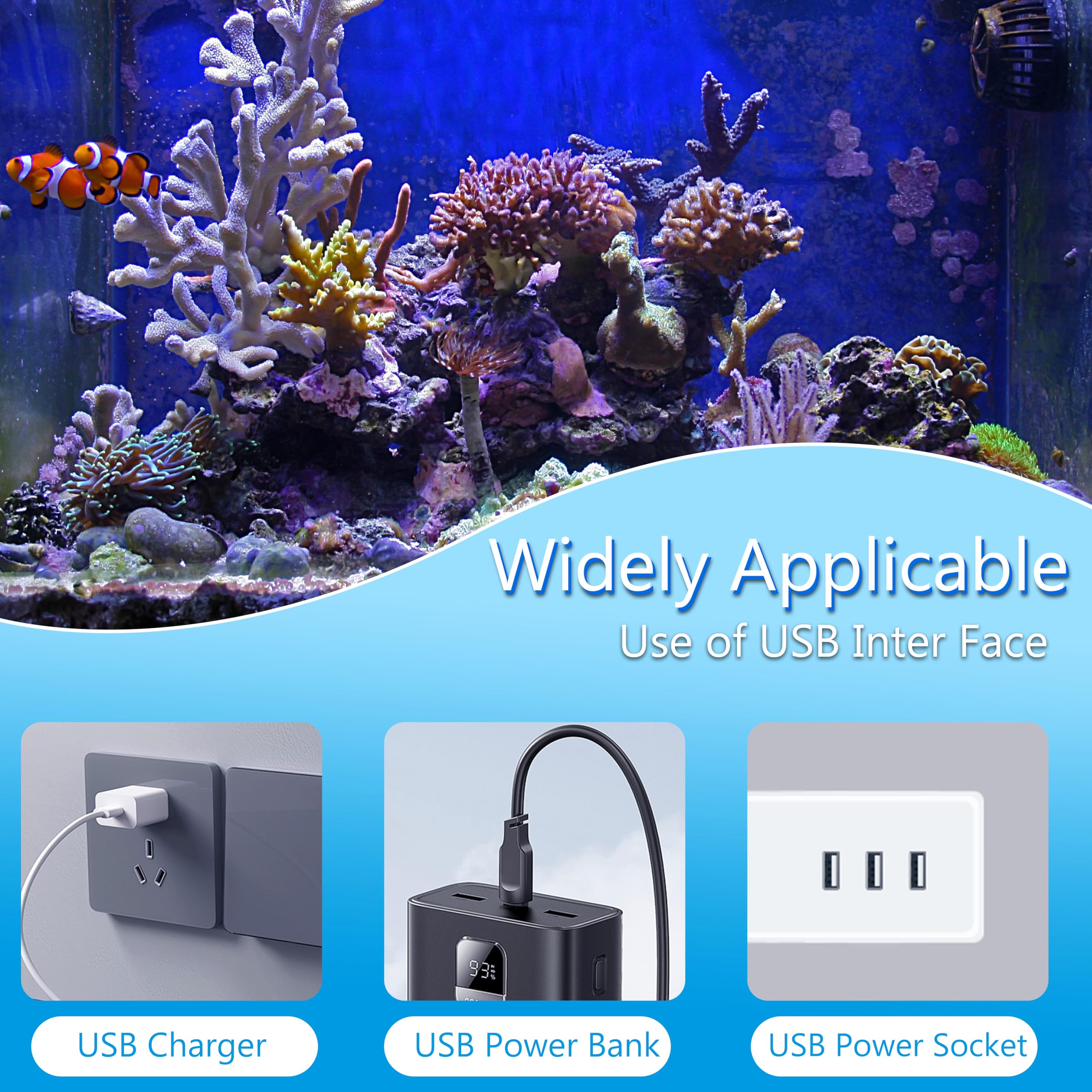 OSIDEN USB-rechargeable aquarium light works with power banks for flexibility.
