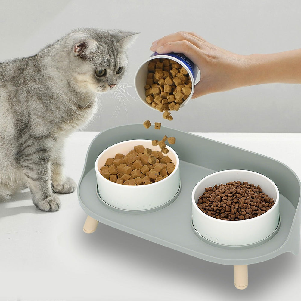 Oskrieel elevated bowls dual bowls keep food and water separate.