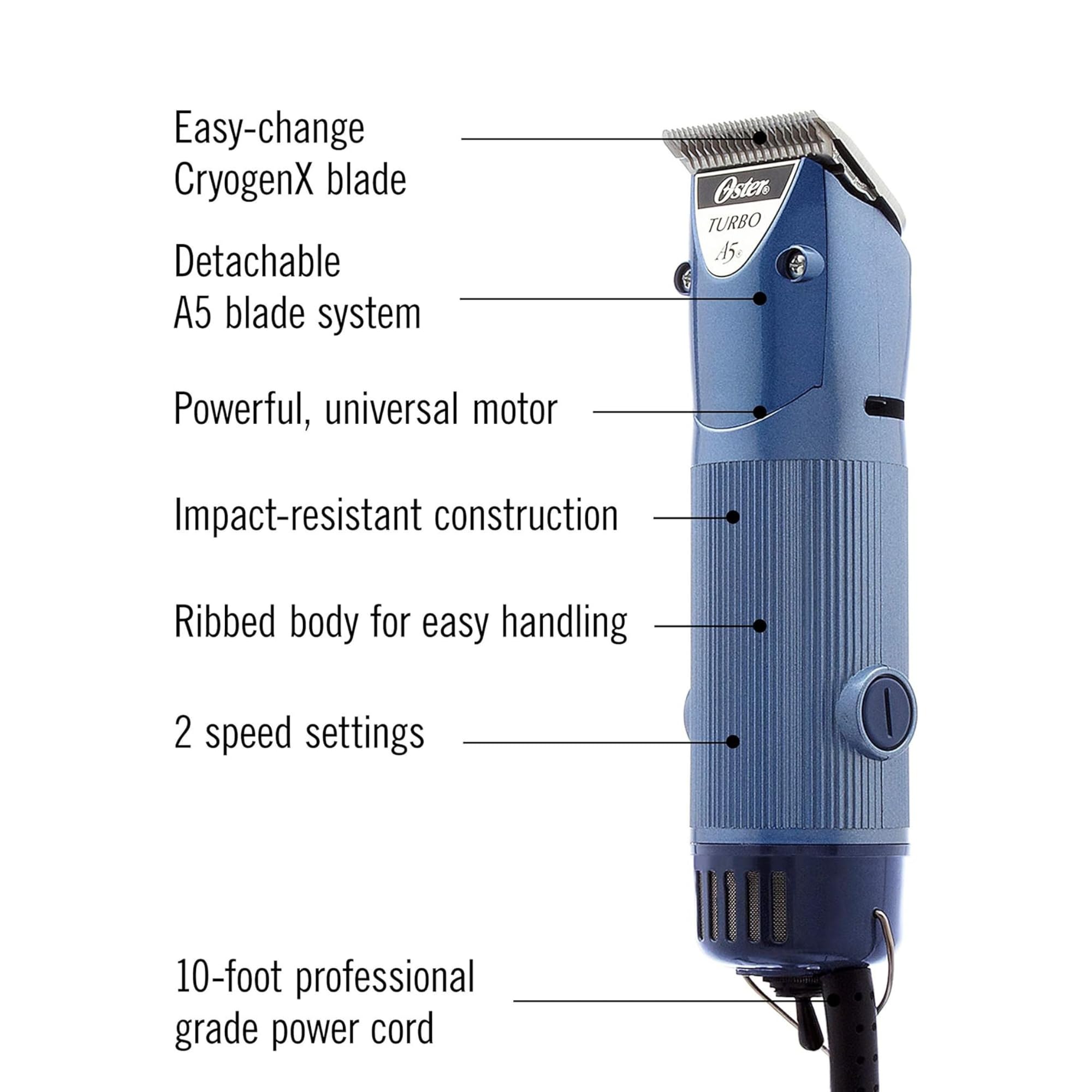 Oster A5 blue clippers on a dog during grooming for quiet sessions