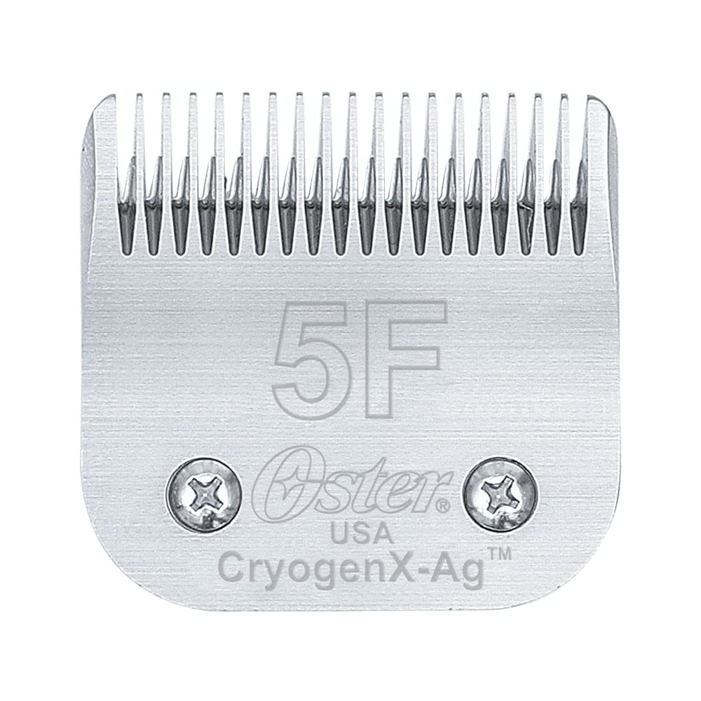 Oster CryogenX detachable pet clipper blade 5F closeup demonstrates precise cutting for consistent grooming.