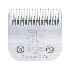 Oster CryogenX detachable pet clipper blade 5F closeup demonstrates precise cutting for consistent grooming.