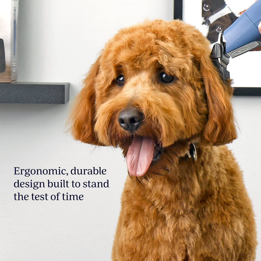 Oster charging stand accompanies blue clippers for extended grooming sessions
