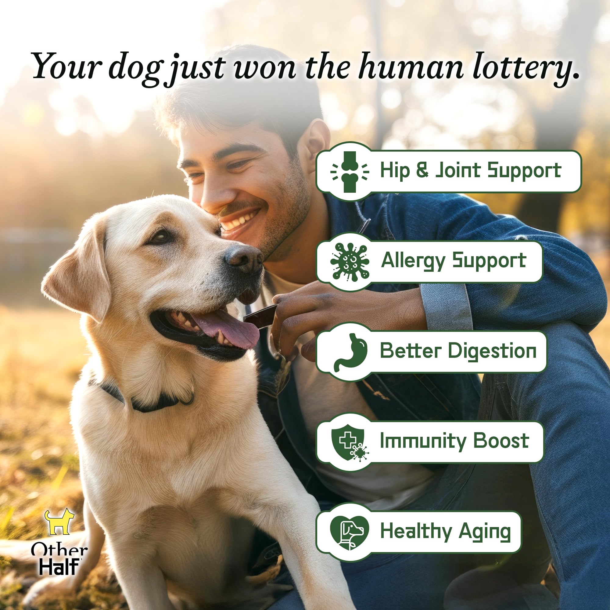 Other Half Everyday joint-support blend on label suggests hip mobility benefits for active dogs