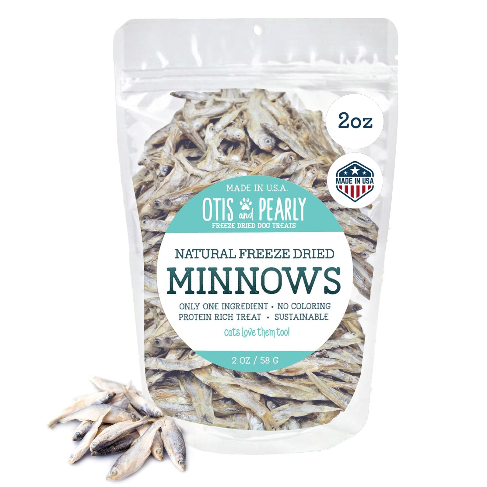 Otis and Pearly freeze-dried minnows dog treat bag – convenient single-ingredient protein.