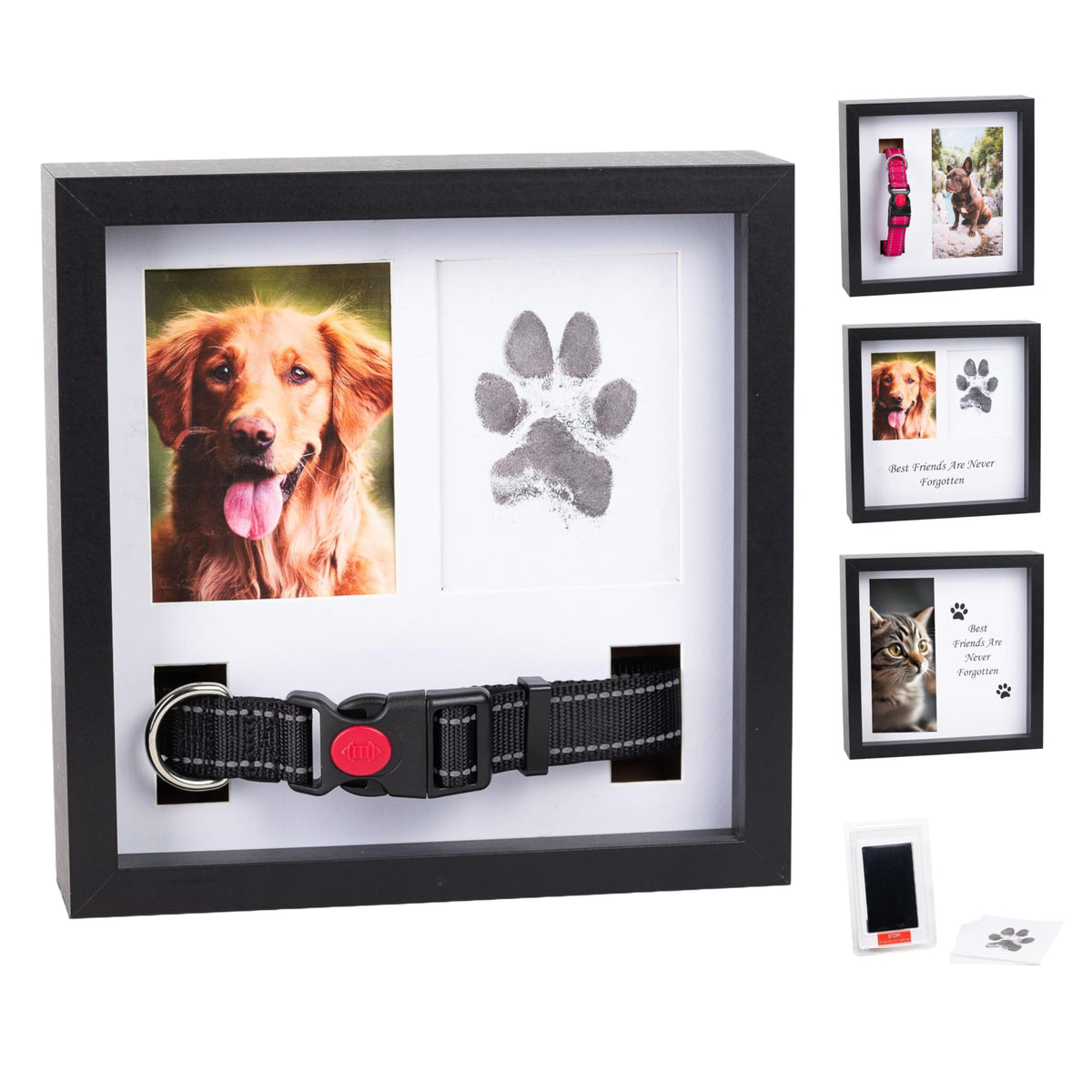 OtterPets memorial frame shows four display mats with a cherished dog photo.