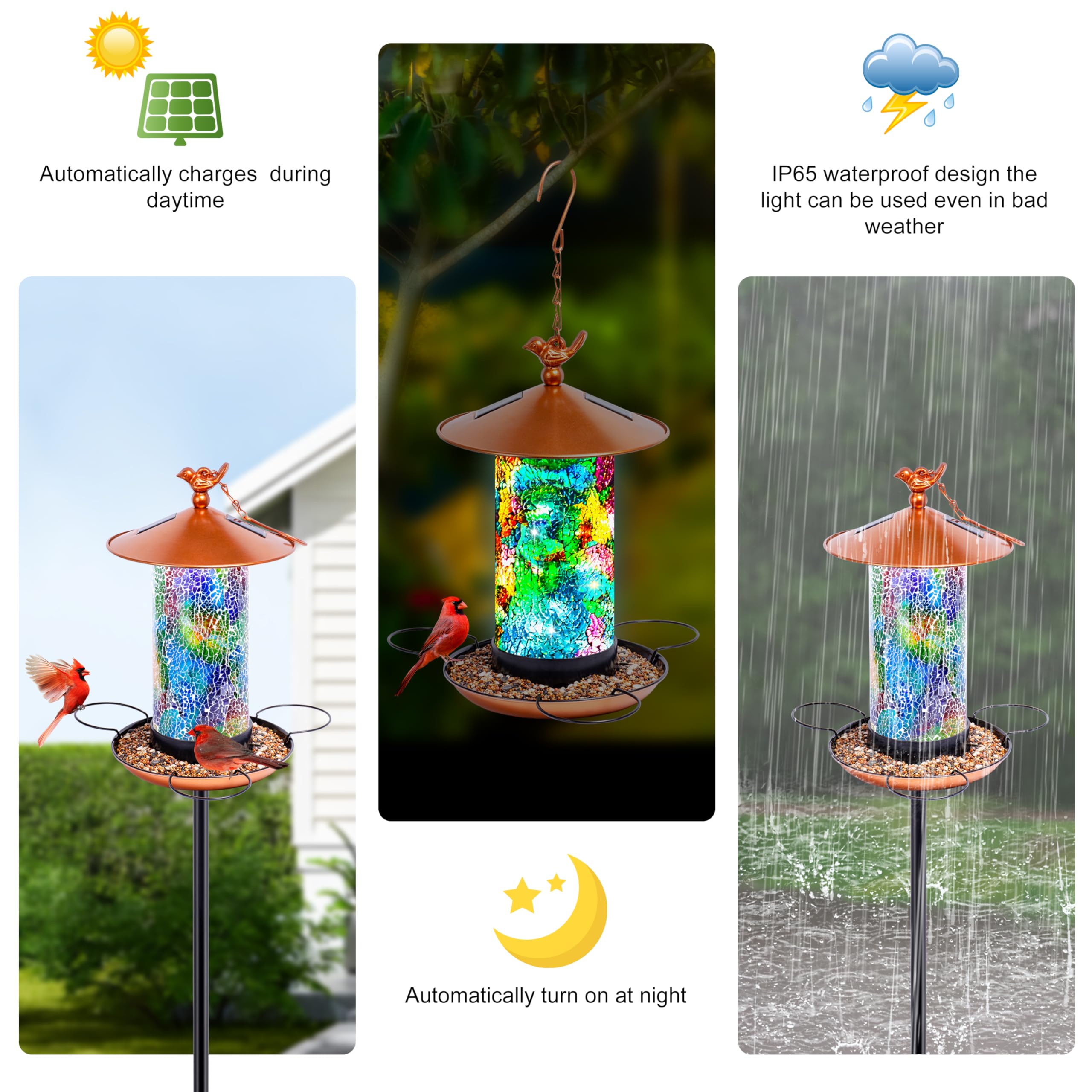 Ottsuls lantern-style feeder shown on pole or hook for versatile placement.