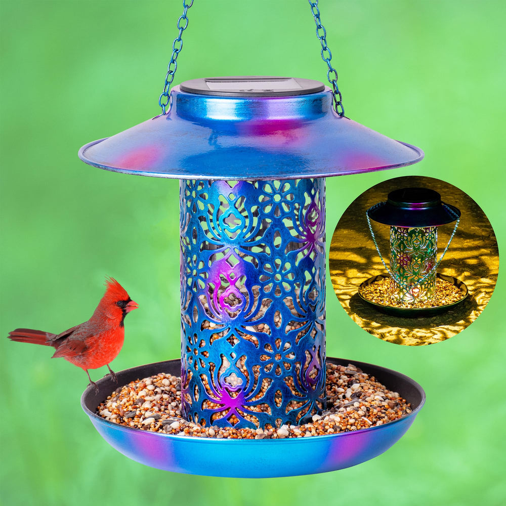 Ottsuls solar bird feeder outdoor hanging blue showing practical seed delivery
