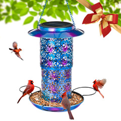 Ottsuls solar bird feeder outdoors hanging blue—convenient garden setup for daily bird visits.