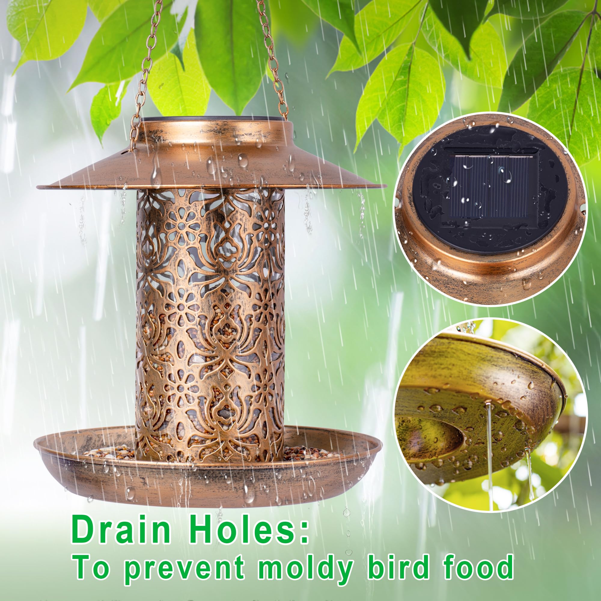 Ottsuls solar bird feeder wide tray captures spilled seeds for easy, low-waste feeding.