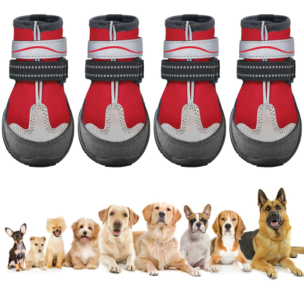 Otunrues dog shoes red paw-protecting boot worn on paw in snow