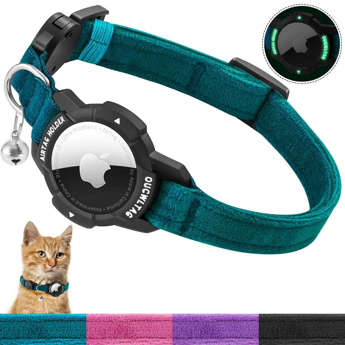 OUCWLTAG collar azul con AirTag integrado para rastreo seguro.