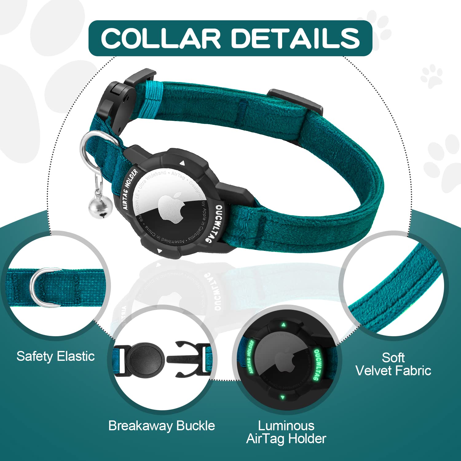 OUCWLTAG collar con cierre rápido y banda elástica para doble seguridad.