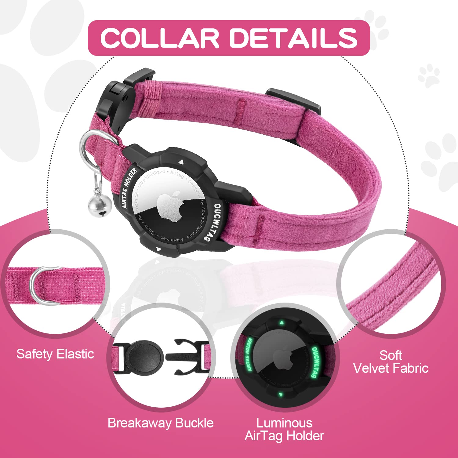 OUCWLTAG luminous AirTag cat collar glow at night view highlighting visibility.