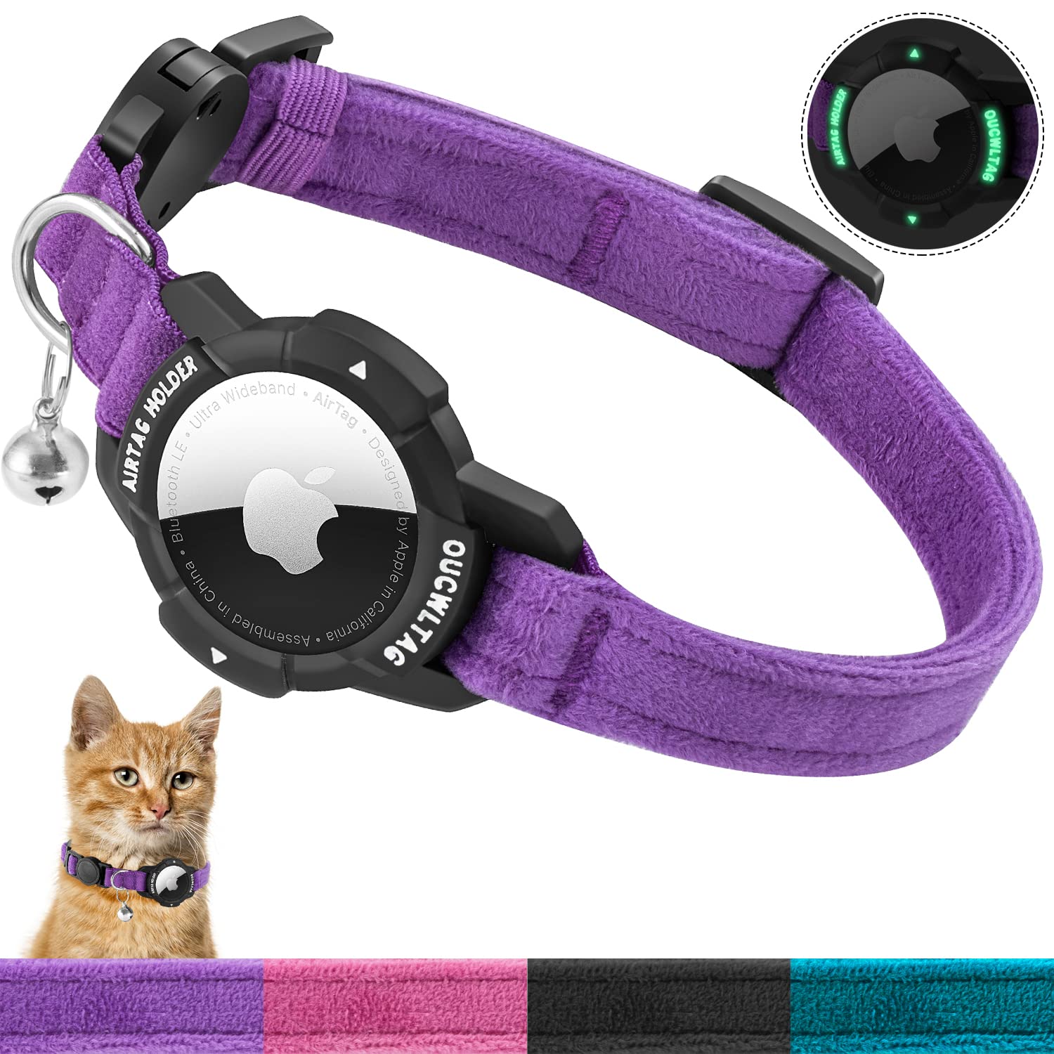 OUCWLTAG luminous AirTag cat collar wear enhances nighttime visibility and chic pet tracking
