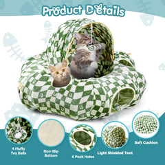 OUHOU cat bed tunnel donut with four hanging balls for interactive games