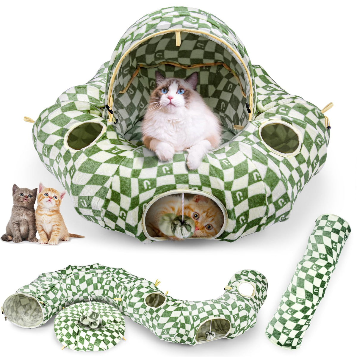 OUHOU cat bed tunnel donut interior view, cozy crinkle plush for naps