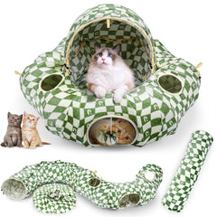 OUHOU cat bed tunnel donut interior view, cozy crinkle plush for naps