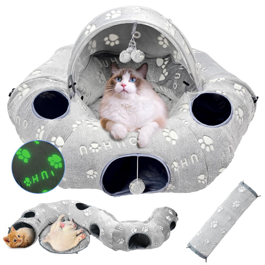 OUHOU Cat Tunnel Bed grey in a cozy setup, combining bed and tunnel space