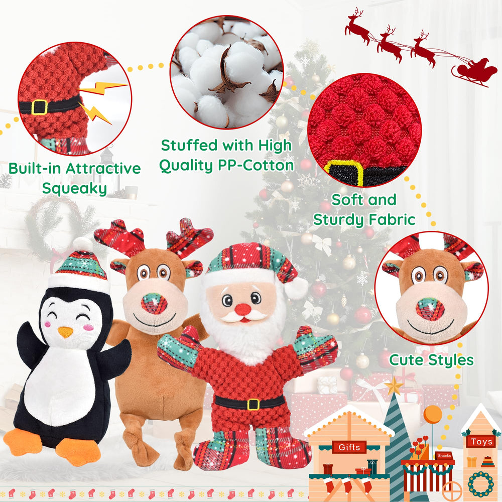 Ousiya Christmas penguin dog toy offers squeaks and warm cuddly play.