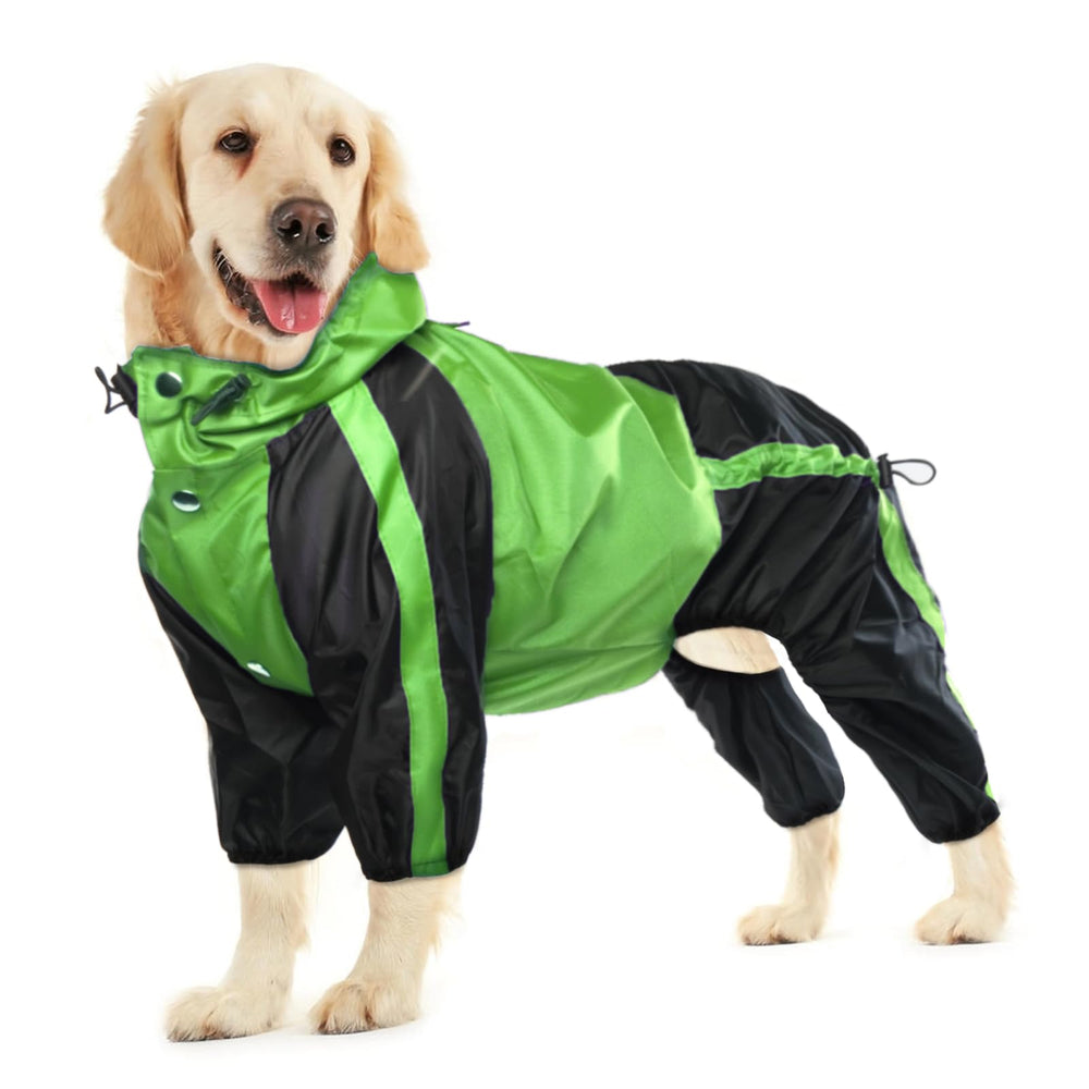 OUOBOB dog rain jacket hood on the dog for rain coverage.