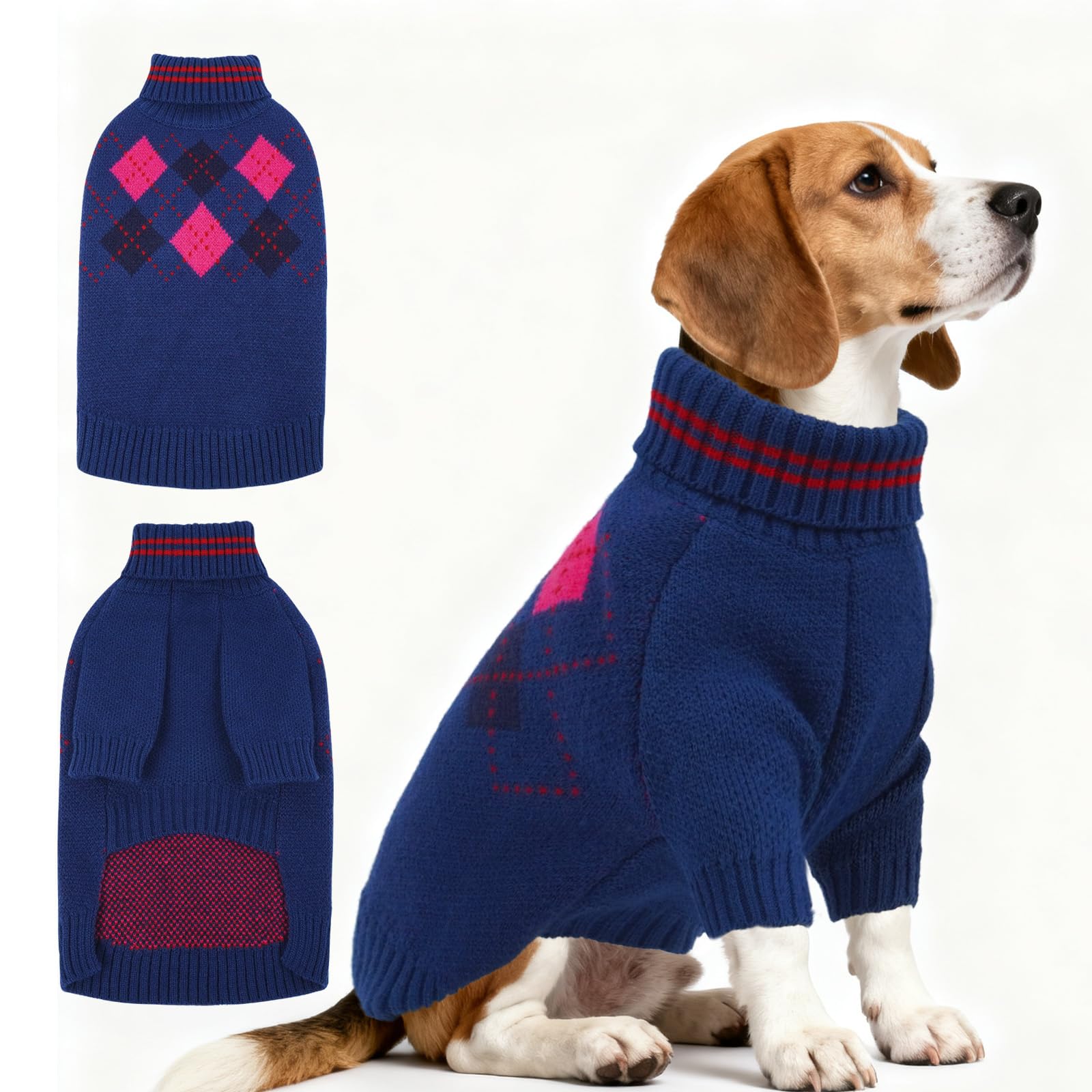 OUOBOB dog sweater blue turtleneck front view showing wind protection and fit