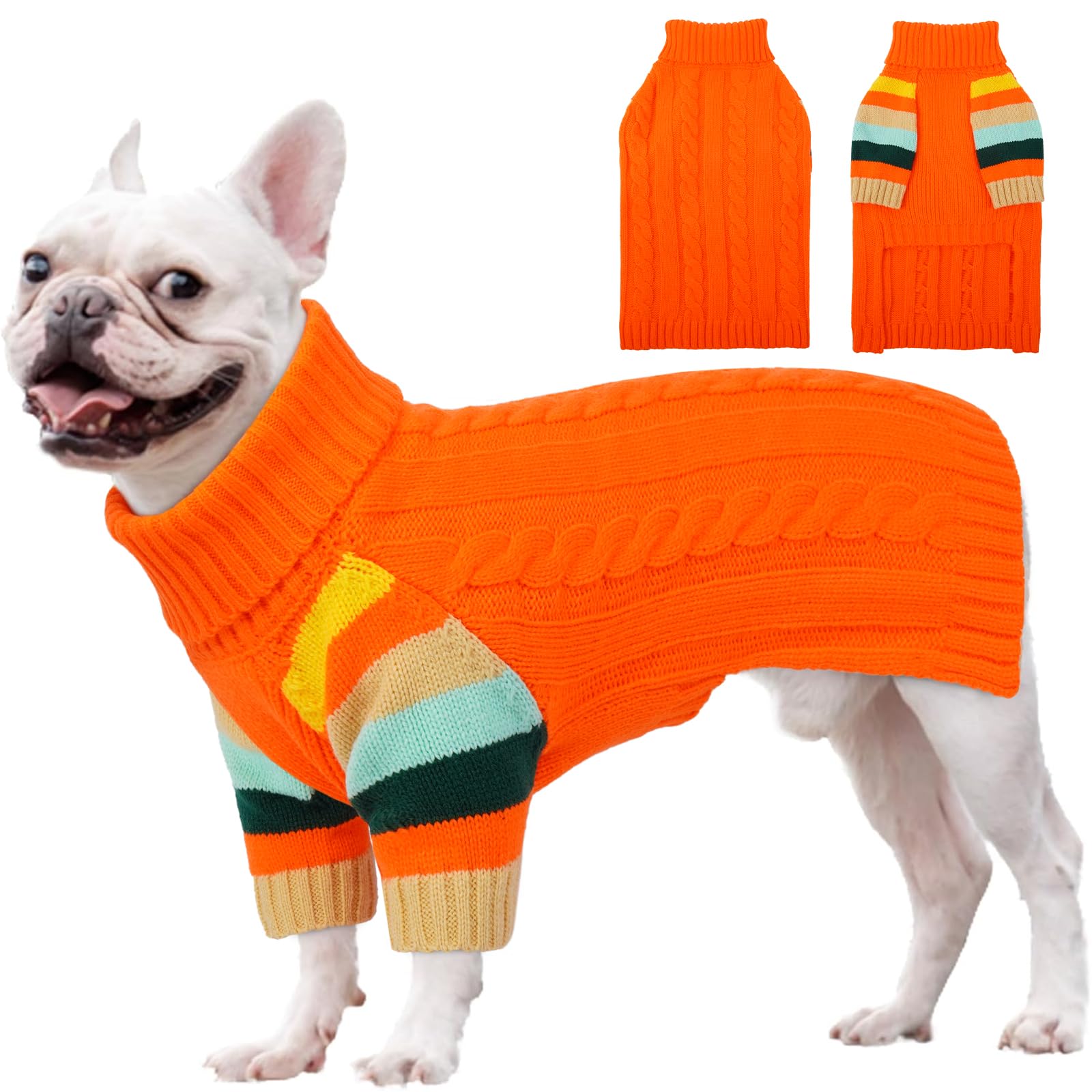 OUOBOB dog sweater orange turtleneck front view provides cozy warmth on cold walks.