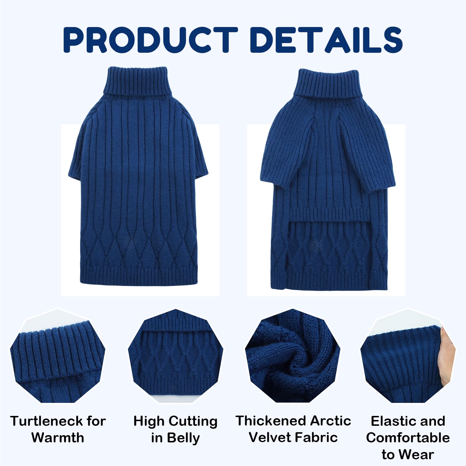 OUOBOB dog sweater blue turtleneck elastic cuffs demonstrates easy on-off comfort