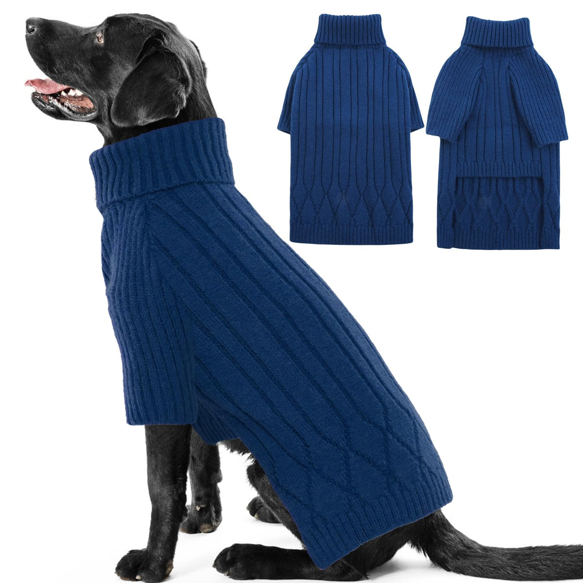 OUOBOB large breed dog sweater blue turtleneck front view for warmth and fashion