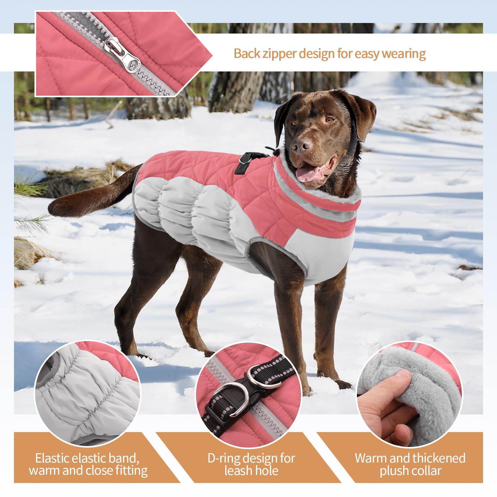 OUOBOB small dog coat pink close-up highlighting built-in harness