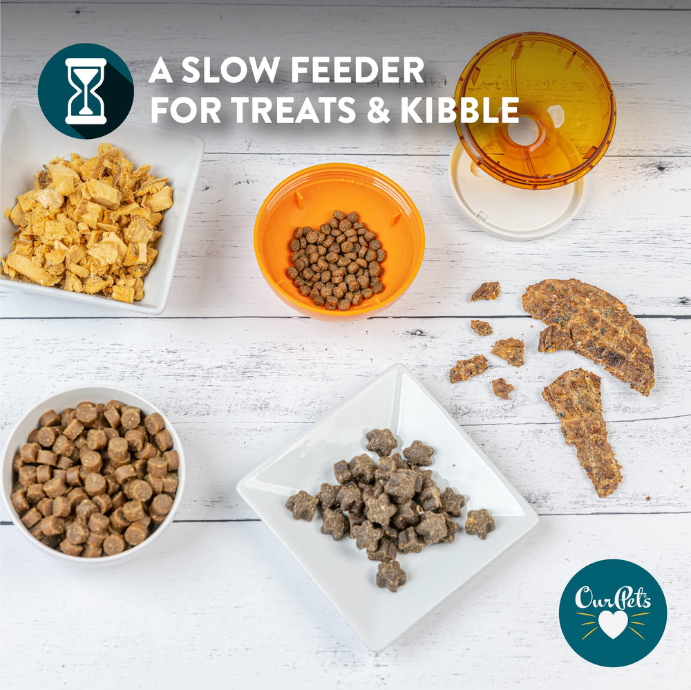 Our Pets IQ Treat Ball inside-disc keeps dogs engaged with adjustable difficulty.