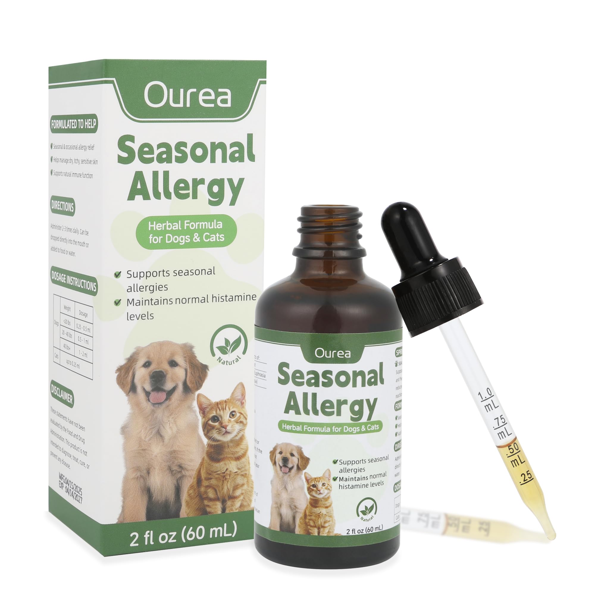 Ourea cat and dog allergy relief liquid bottle for fast, easy dosing