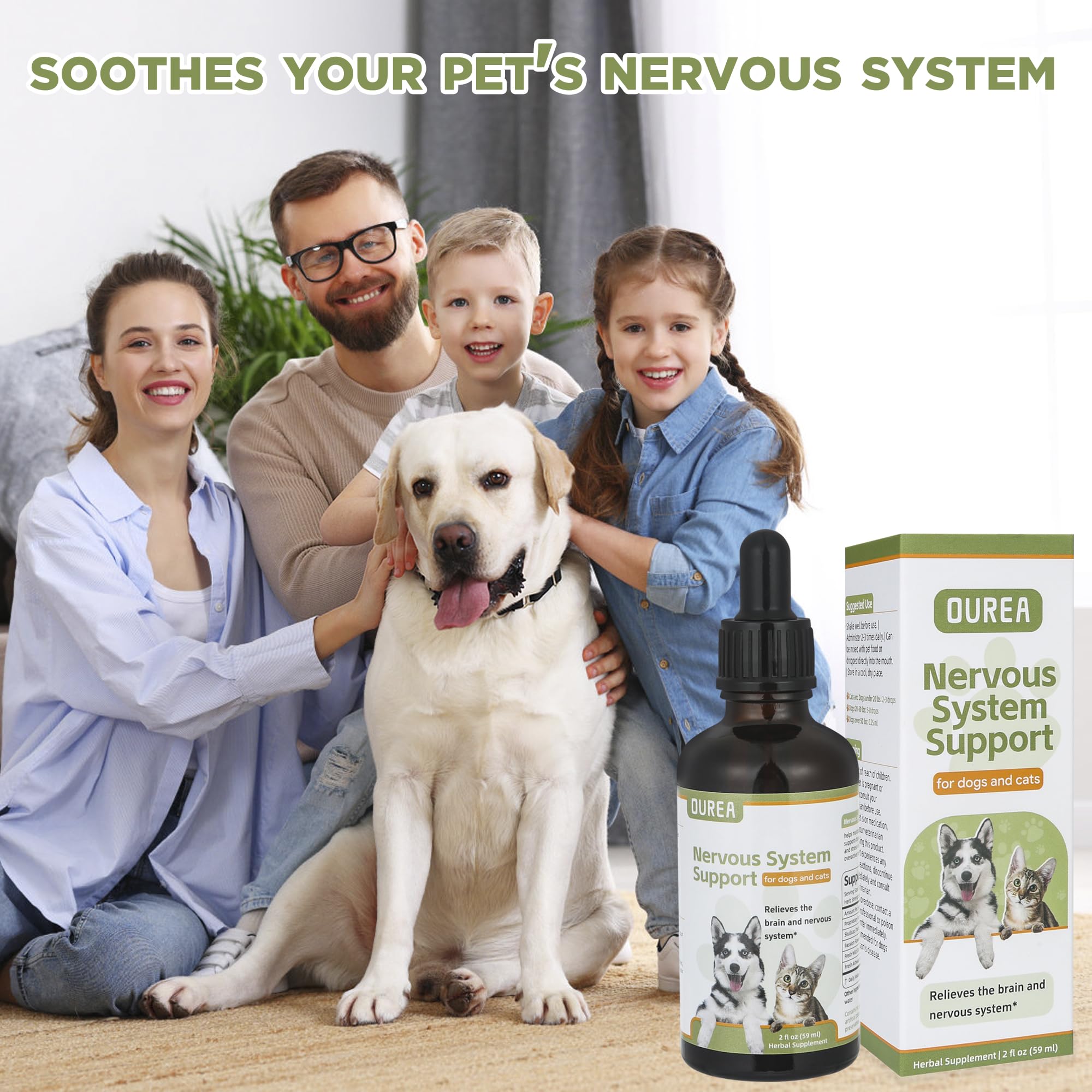 OUREA dog and cat relaxing with herbal drops illustrating calmer mood.