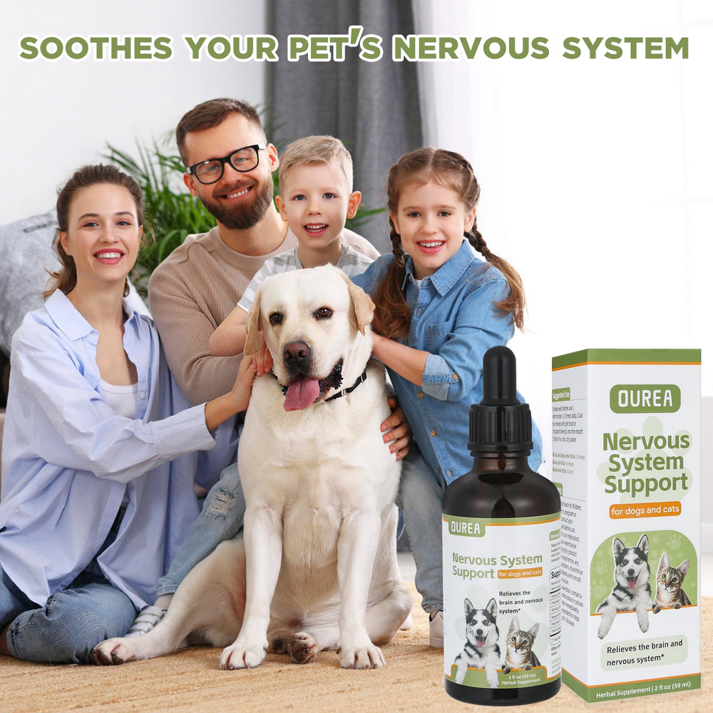 OUREA dog and cat relaxing with herbal drops illustrating calmer mood.