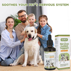 OUREA dog and cat relaxing with herbal drops illustrating calmer mood.