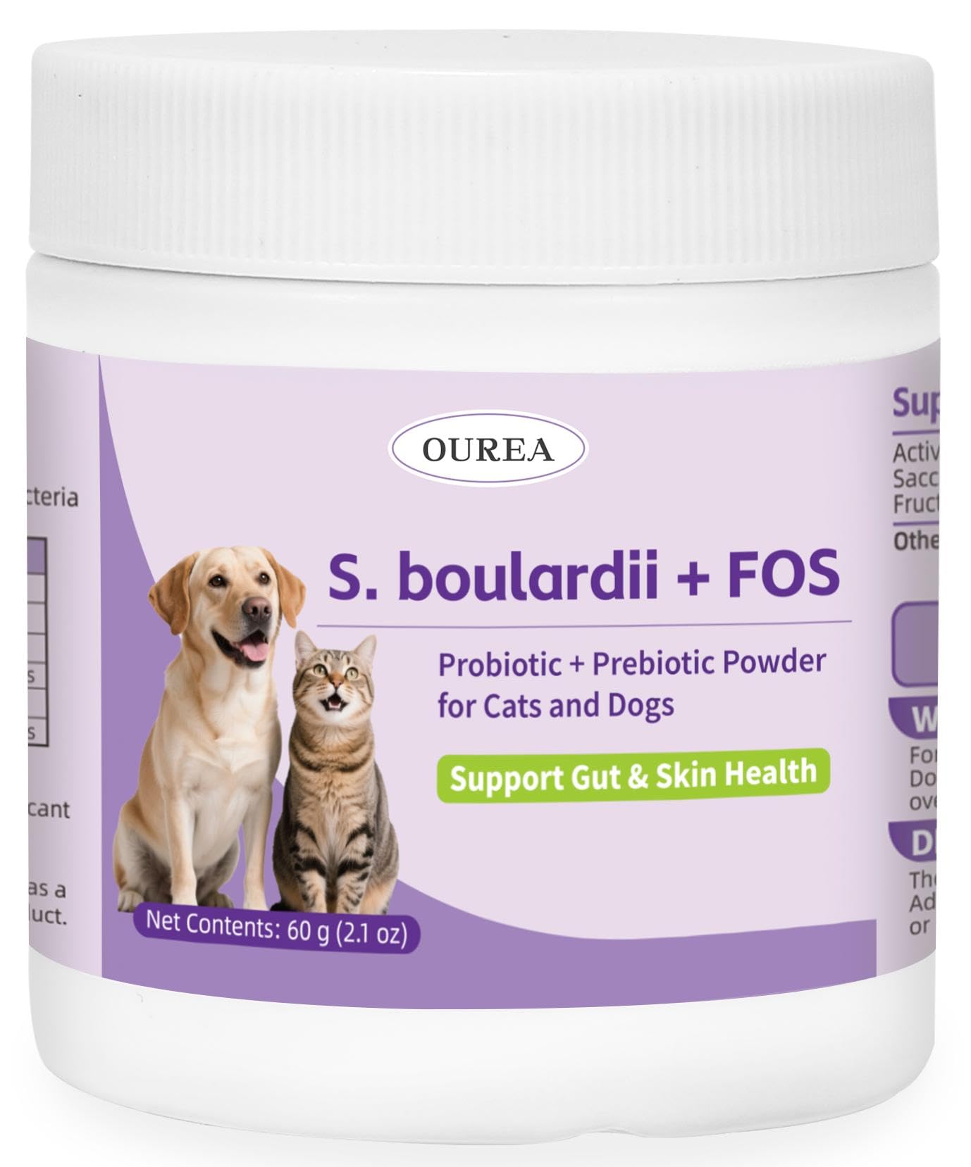 Ourea S.boulardii + FOS powder bottle for pets supports gut balance and easy daily dosing.