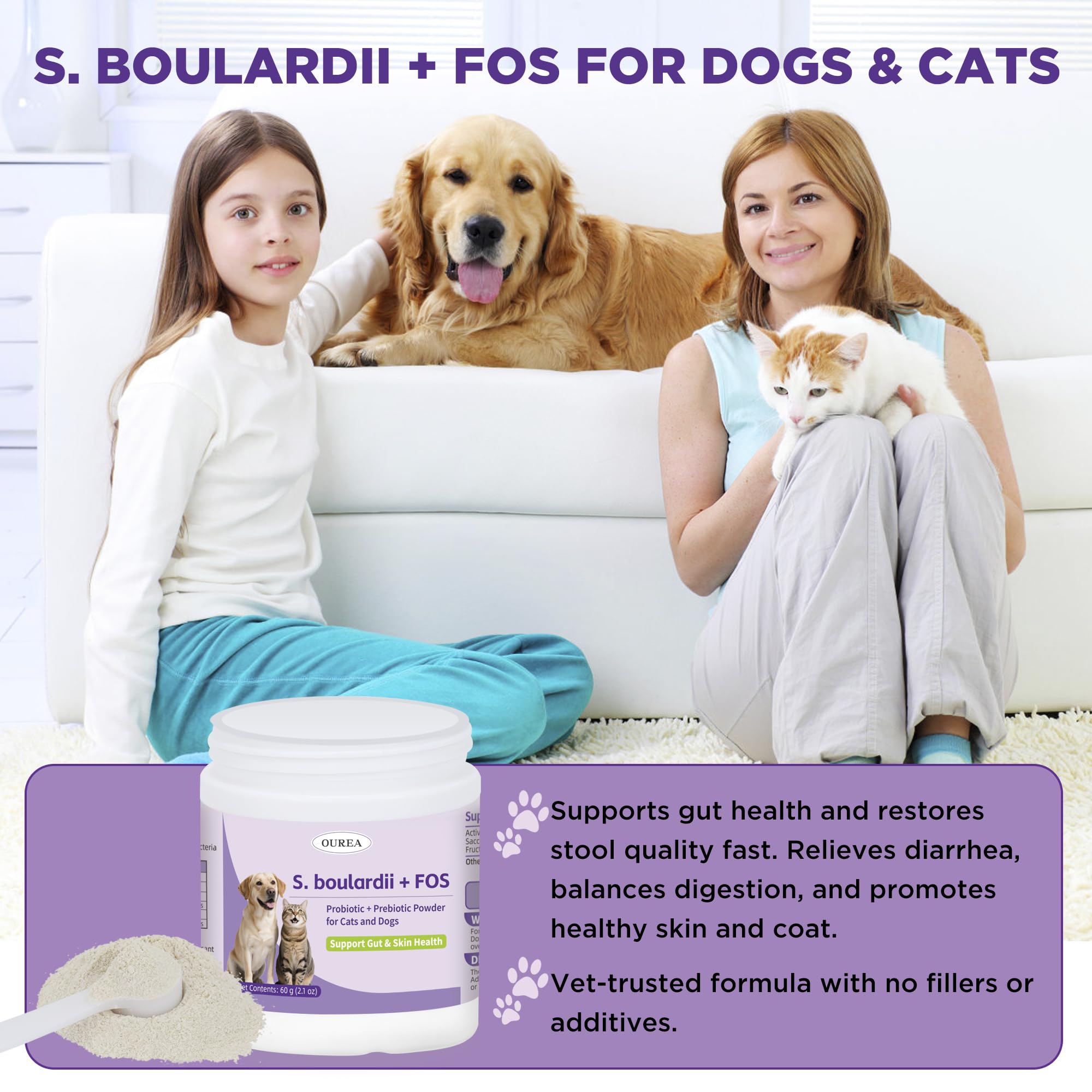 Ourea S.boulardii + FOS powder for cats supports digestion and comfort.