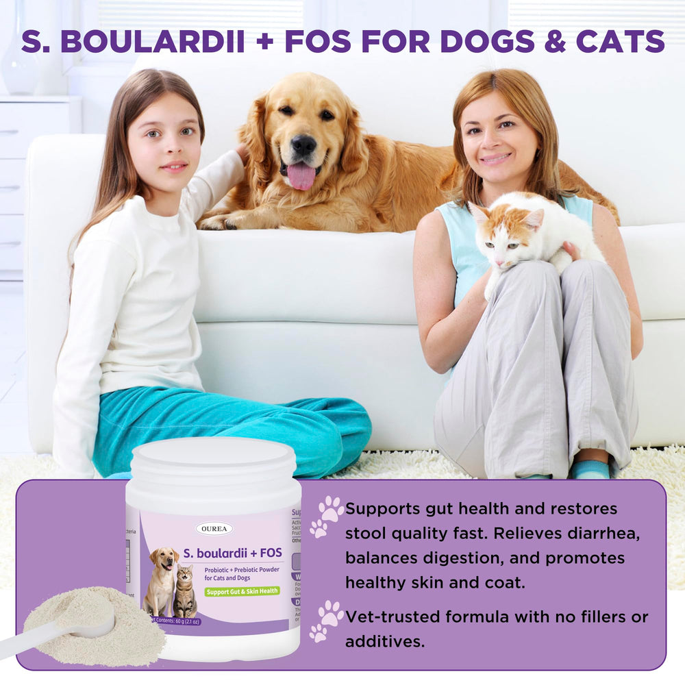 Ourea S.boulardii + FOS powder for cats supports digestion and comfort.