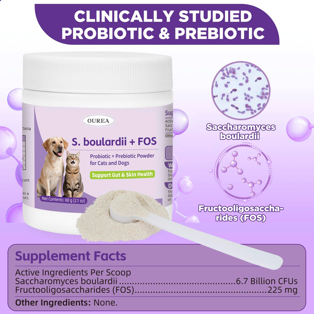 Ourea S.boulardii + FOS powder mixed into wet food promotes stool consistency.