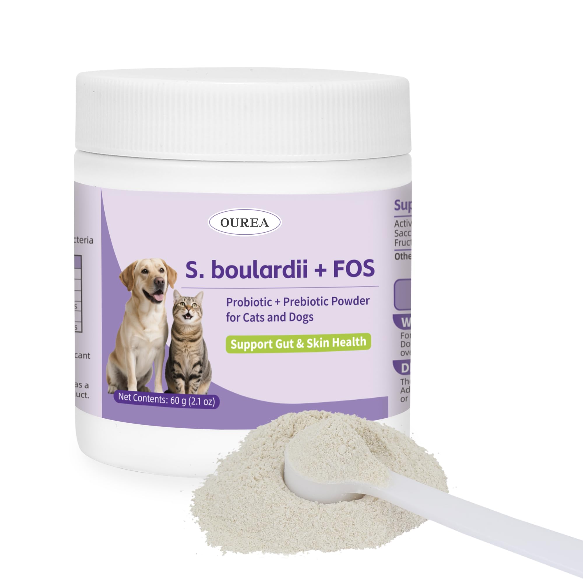 Ourea S.boulardii + FOS powder may improve skin and coat health.