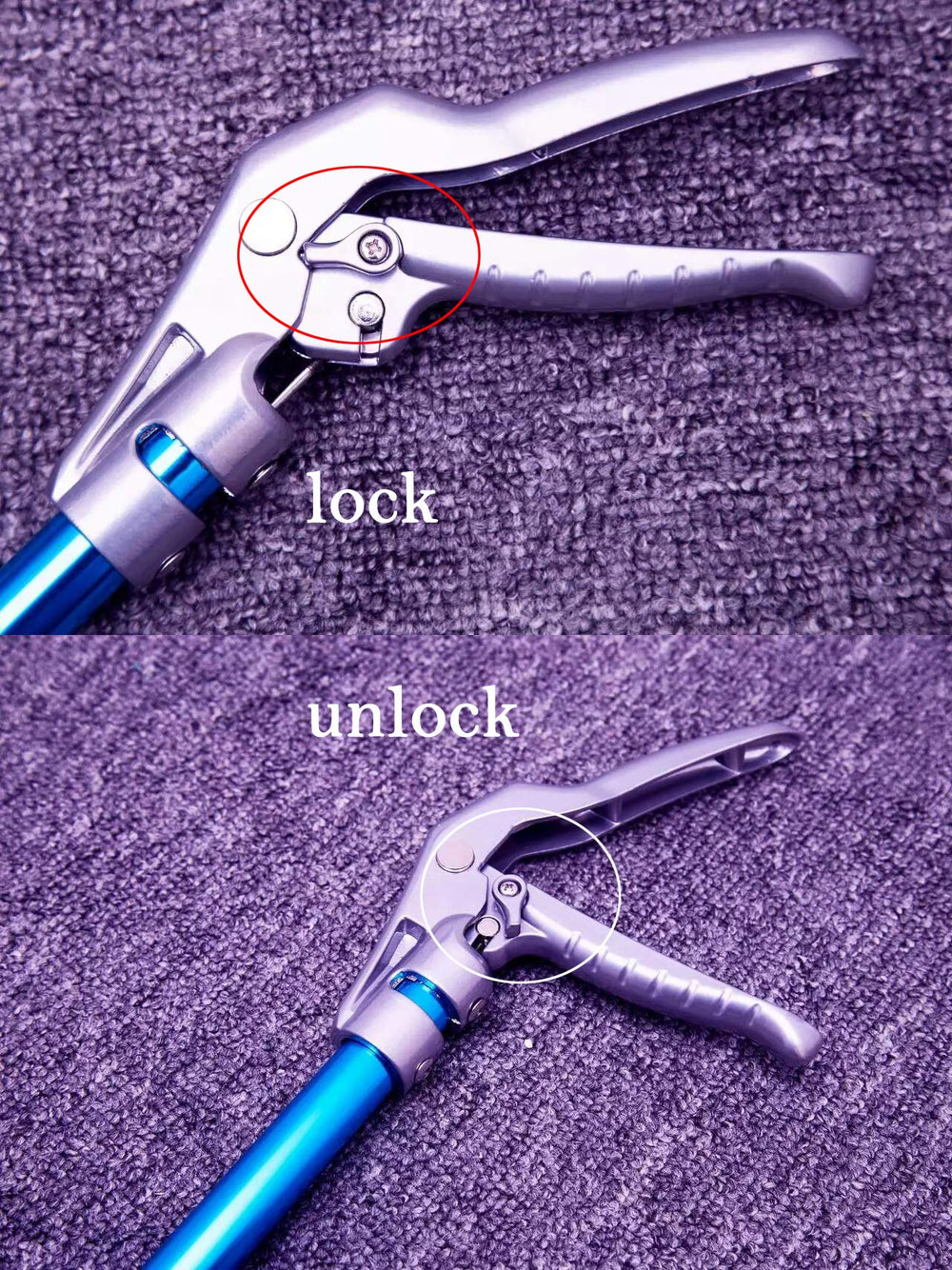 Ouronehome snake tongs feature a handle lock for compact, safe storage.