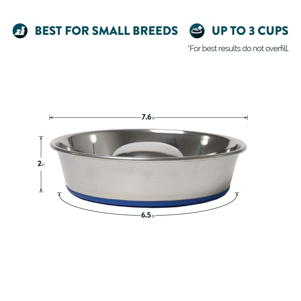 OurPets DuraPet slow feed bowl top view demonstrates compact silver design ideal for small dogs.
