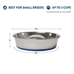 OurPets DuraPet slow feed bowl top view demonstrates compact silver design ideal for small dogs.