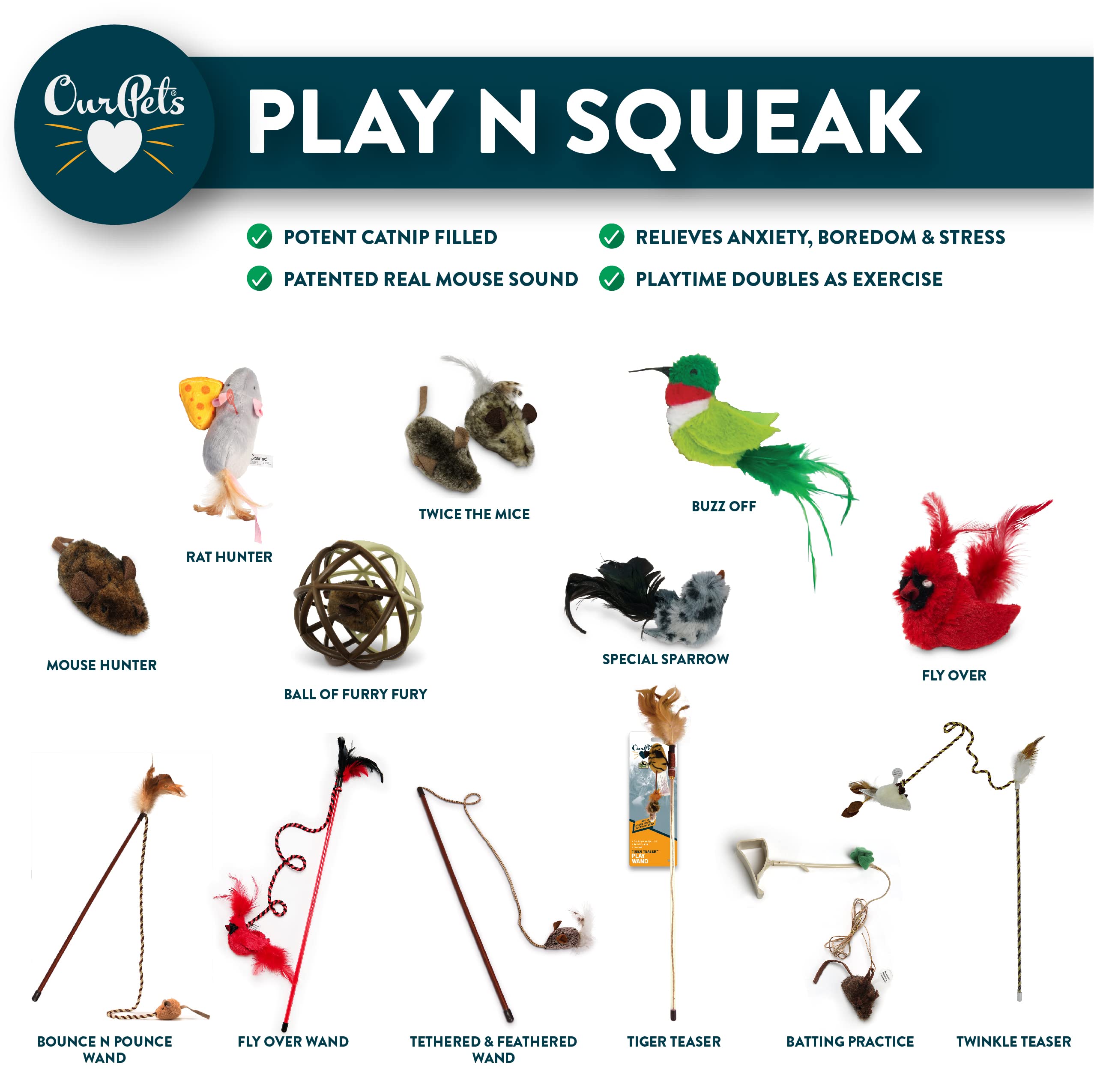 OurPets Play-N-Squeak indoor-play wand helps reduce boredom through active engagement.
