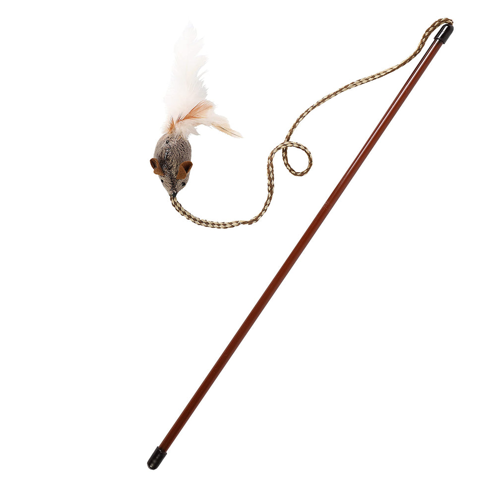OurPets Play-N-Squeak teathered wand with feathers invites interactive indoor play.
