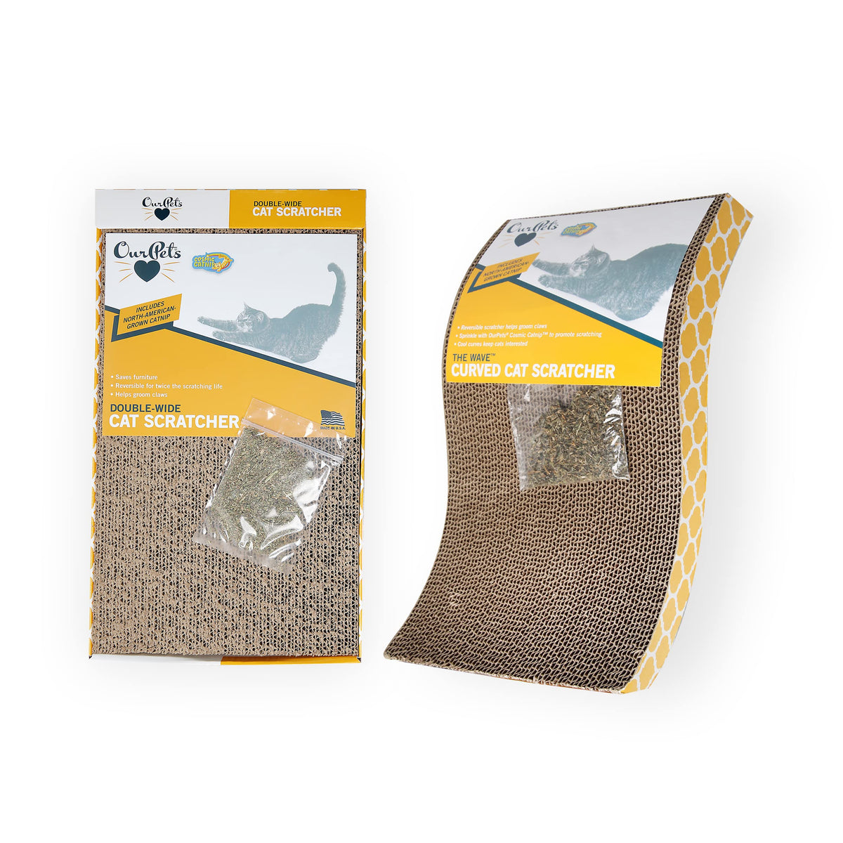 Our Pets Wave cat scratcher front view shows durable cardboard for long-lasting scratching.
