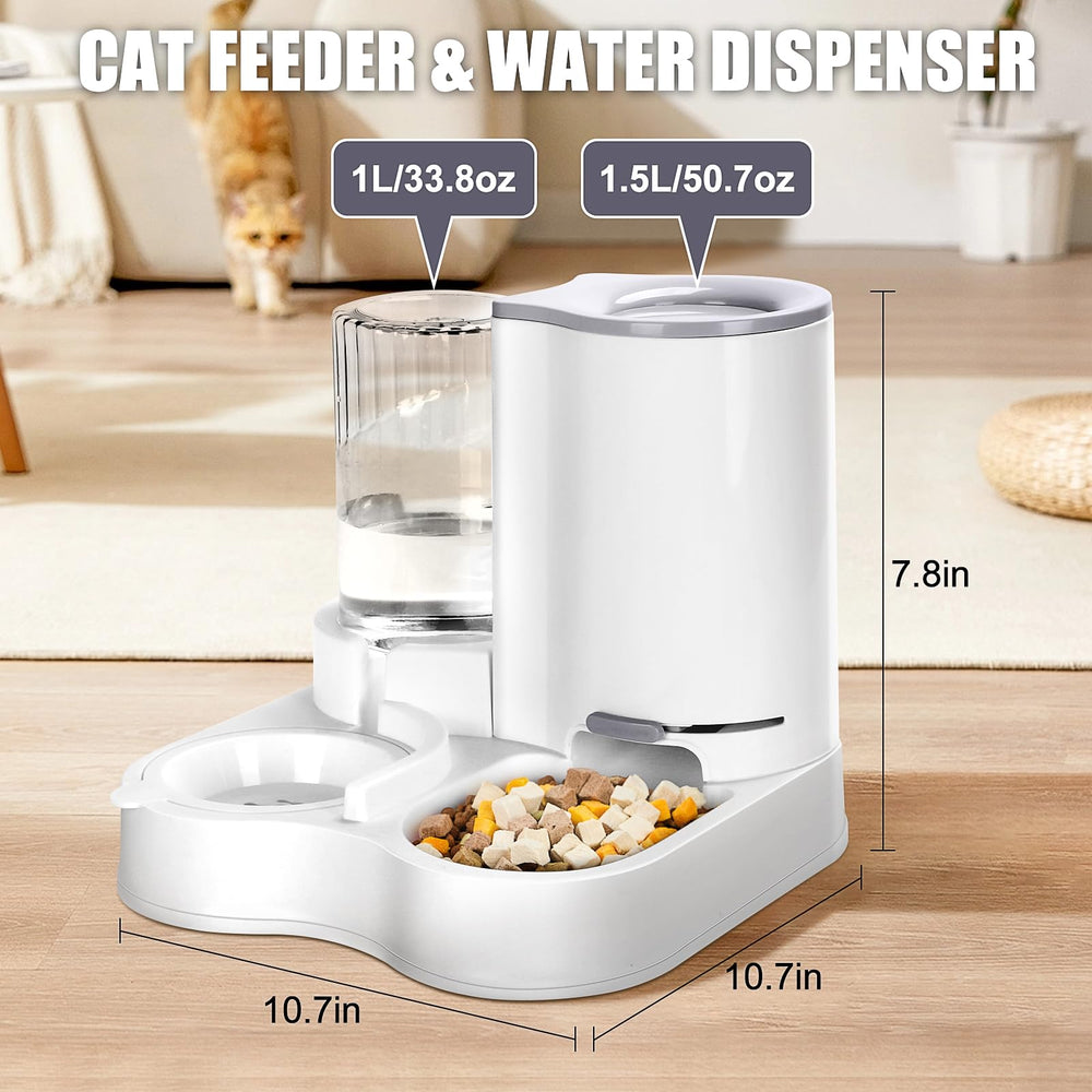 Outamateur gravity feeder showing food reservoir and auto water flow for pets.