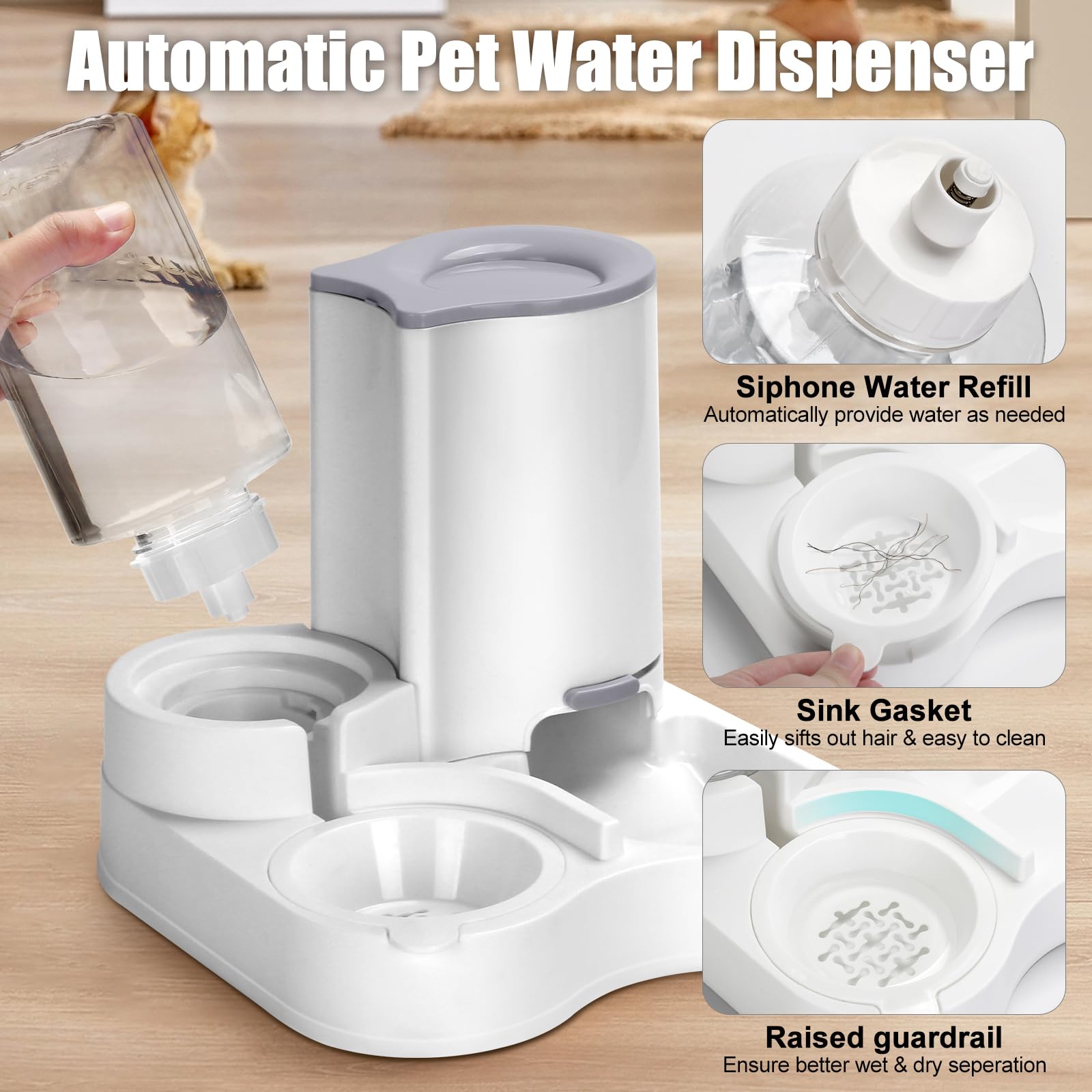 Outamateur siphon refill design keeps water flowing as pets drink.