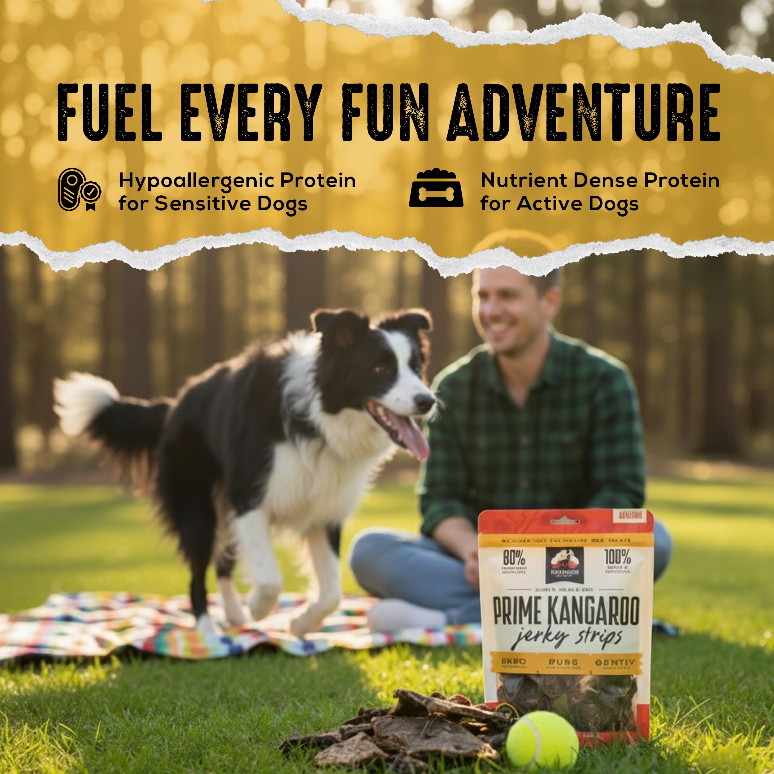 OUTBACK BONES Lean kangaroo protein image highlights high-protein nutrition for active dogs.