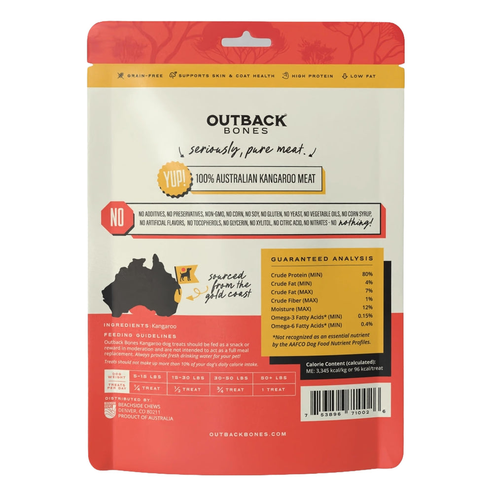 OUTBACK BONES Prime Kangaroo Jerky Strip closeup shows chewy texture ideal for rewards.