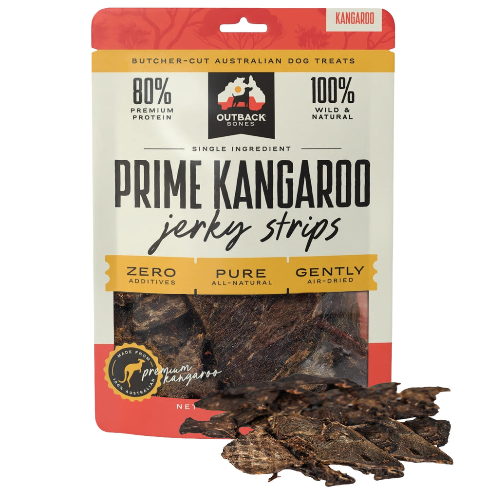 OUTBACK BONES Prime Kangaroo Jerky Strip packaging highlights single-ingredient nutrition.